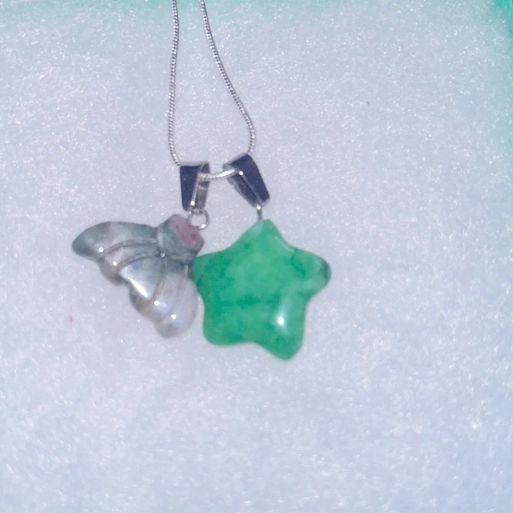 Boho hippie Jade Mermaid tail and Jade Star Sterling Silver Necklace 16”